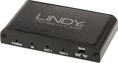 Splitter HDMI Lindy 2-portowy, widok z przodu, matowa czarna obudowa, porty HDMI i diody LED statusu