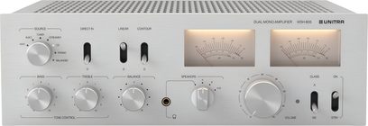 Stereo-Hi-Fi-Verstärker Unitra WSH-805 in Silber, Frontansicht mit gebürsteter Aluminiumfront, zwei VU-Meter, Kopfhöreranschluss