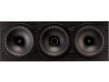Fyne Audio F502E LCR centerhøjttaler, set forfra, 3 sorte cirkulære højttalere, mørk træfinish, synlige skruer