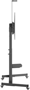 TV-Wandhalterung Norstone Pro Vision Max aus schwarzem Metall, Seitenansicht, höhenverstellbare vertikale Säule mit zentralem Befestigungsarm und T-förmigem Sockel mit vier schwenkbaren Rollen