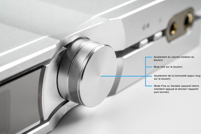 iFi Audio IDSD NEO sølvfarvet audio DAC-konverter, nærbillede af volumenkontrolhjulet og stikkene