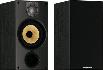 Bowers & Wilkins 686 S2 bogreolhøjttaler, kabinet i sort askefinér, aluminiumdiskant, gul Kevlar-keglemellemtone