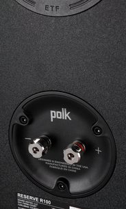 Polk Audio R100 sort bogreolhøjttaler, sort, tæt forfra med tweeter og basreguleringskontrol