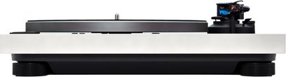 Technics SL-40CBT sidabrinė vinilo plokštelė, metalinė korpuso konstrukcija, priekinis vaizdas, grotuvas ir skaitiklis dešinėje, juodi sugręžti kojeliai