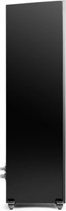 Diffusore a colonna MartinLogan Motion XT F100 nero laccato visto di lato, superficie liscia, connettori visibili in basso, piedini inclinati