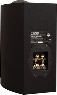 Taga Harmony Platinum B-40 V.3 sort bogreolhøjttaler, set forfra, 4 gyldne tilslutningsterminaler synlige