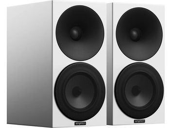 Twee rechthoekige Amphion Argon 1 boekenplankspeakers, zwart en wit, naast elkaar, vooraanzicht