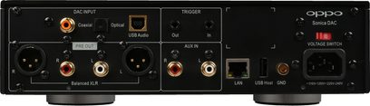OPPO Sonica DAC netværksaudioafspiller, frontvisning, koaksial-, optisk-, USB-audio-, trigger-, aux-, LAN-, USB-host-, spændingsvælgerstik
