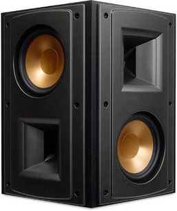 Klipsch RS-52 sort akustisk højttaler, set forfra, med to runde, forgyldte højttalere i et rektangulært kabinet