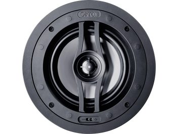 Diffusore da incasso a soffitto Canton InCeiling 865 nero, vista frontale, altoparlante rotondo con ponte centrale e regolazione +/-