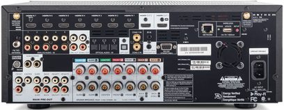 Anthem MRX-720 sort hjemmebiograf-forstærker, bagside, audio/video-tilslutninger, højttalerstik, Ethernet, strømforsyning