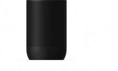 Soundbar Sonos ARC Ultra + Move 2 v matné černé barvě, pohled zepředu, perforovaný povrch, vertikální logo, světelný indikátor
