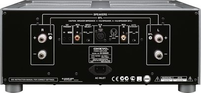 Onkyo M-5000R sølvfarvet effektforstærker, frontpanel med stik og knapper, centreret forfra
