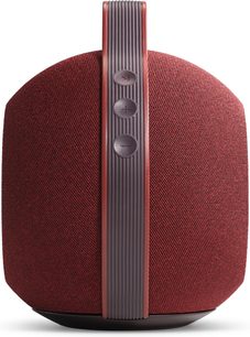 Портативна Bluetooth-акустика Devialet Mania Opera de Paris у червоному кольорі, сітчаста тканина, центральна ребриста смуга з трьома кнопками, вигляд спереду