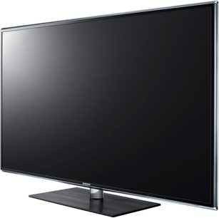 Czarny, płaski telewizor Samsung UE40D6500 wyłączony, widok z przodu, ustawiony na czarnej, prostokątnej podstawie