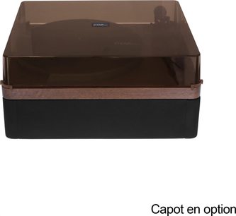 Hi-fi vinylpladespiller Enova HIFI VELA VP4, set forfra, med røget plastikdæksel, sort sokkel med træliste