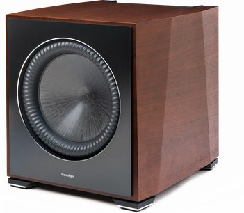 Subwoofer Paradigm XR 13 noce, forma cubica, altoparlante circolare, piedini neri lucidi