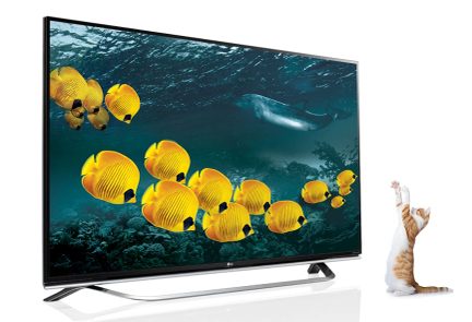 Tv-skærm, der viser gule fisk, der svømmer nær en delfin, og en kat, der sidder ved siden af og ser på skærmen