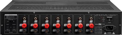 Emotiva BASX A-700 sort multikanal-effektforstærker, frontpanel, 7 kanaler, røde knapper og stik