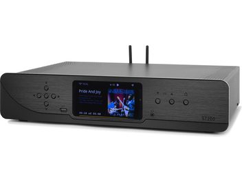Atoll Electronique ST200 Signature black network audio player, front view, LCD screen displaying an album cover