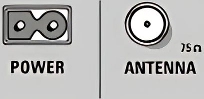 Ikoner for strømstik og antenne, sort-hvide, med teksten "POWER" og "ANTENNA" på lys grå baggrund