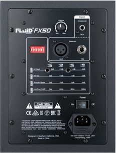 Enceinte amplifiée de monitoring Fluid Audio FX50, face arrière, vue rapprochée, connectiques et réglages détaillés