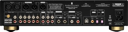 Parasound Halo P6 stereoforforstærker i sort, set forfra, med tilslutninger og kontroller på front- og bagpanel