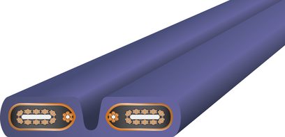 Przewód zasilający Wireworld Aurora 7 1,5m w kolorze ciemnoniebieskim z pomarańczowymi owalnymi wtyczkami ozdobionymi złotymi motywami kwiatowymi