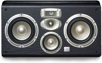 Sort JBL LC2 centerhøjttaler med 3 runde sølvfarvede højttalere og 2 diskanthøjttalere, set forfra