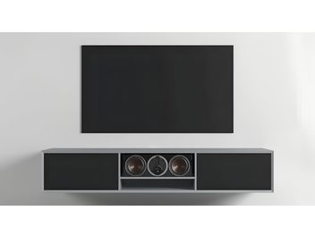 Audio-vizuálny nábytok Clic Classic Series model 242, široký, sivý, s čiernymi textilnými panelmi, pohľad spredu, 3 reproduktory a výklenok