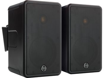 Duas colunas pretas Monitor Audio Climate 50, de frente, grelhas metálicas, caixas retangulares arredondadas
