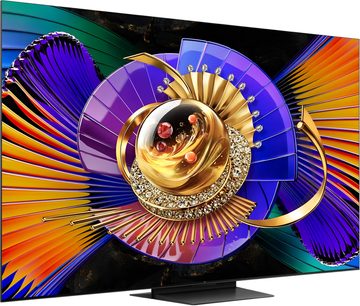 Plochý televizor TCL 65C7L s tenkými rámečky, pohled zepředu, abstraktní fialové, oranžové a zlaté zobrazení