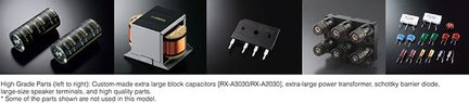 Elektrolytiske kondensatorer, effekttransformer, ensretter-diode, højttalerterminaler og elektroniske komponenter