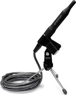 Zwarte condensatormicrofoon op telescopische vloerstatief met opgerolde kabel, merk Emotiva, model XMC-2