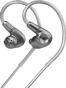 Meze Audio Astru In-Ear-Kopfhörer in Metallgrau mit transparentem, über dem Ohr geführtem Kabel