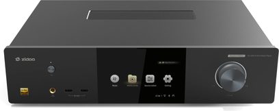 Sort Zidoo Neo Alpha multimedieboks, frontpanel med skærm, knapper og drejeknap, set forfra