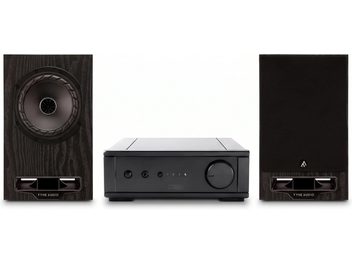 Sistema hi-fi con amplificador Rega negro y dos altavoces de estantería Fyne Audio con acabado en madera oscura