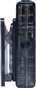 DAC portatile iFi Audio GO Blu Air in plastica nera traslucida, vista laterale, con clip integrato e pulsante circolare con texture
