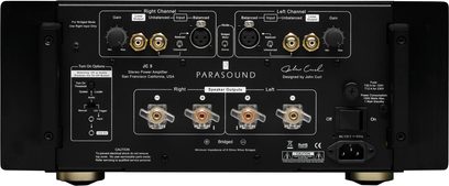 Parasound JC 5 sort stereokraftforstærker, frontvisning, kontrolpanel med knapper og stik