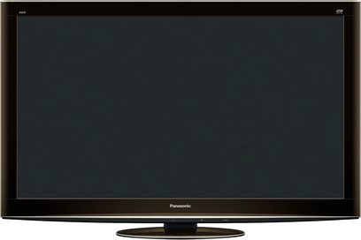 Panasonic TX-P46VT20 sort fladskærms-TV, slukket, set forfra og centreret, på ensfarvet sort baggrund