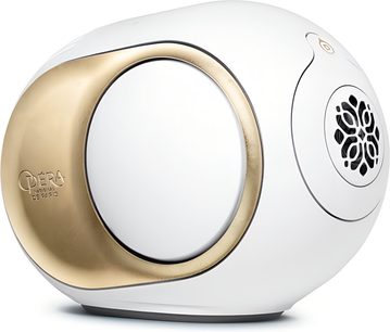 Reproduktor DEVIALET Phantom Ultimate 98 dB Opéra de Paris, biely obal, zlatý kovový vložka, oválny tvar, pohľad z trojštvrtinového uhla