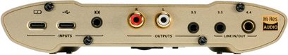 Přenosný audio konvertor iFi Audio iDSD Valkyrie s konektory USB-C, RCA, jack 3,5 mm, jack 4,4 mm a logem Hi-Res Audio