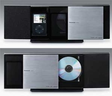 Mini sistema de audio Hi-Fi Panasonic SC-HC30 negro, visto de frente y de lado, con reproductor de CD, altavoces y pantalla LCD azul