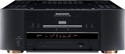 Marantz UD9004 sort 4K Blu-ray-afspiller, frontvisning, blå display, knapper og diskskuffe på fronten