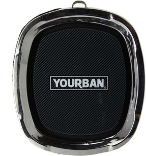 Přenosný reproduktor Yourban Getone 50 černý, pohled zepředu, čtvercový tvar, stříbrný lem, texturovaný centrální povrch, logo Yourban
