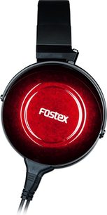 Åbent hi-fi hovedsæt Fostex TH900 Mk2 i sort og rød, set fra venstre profil, cirkulær rød blank transducer, polstret sort hovedbøjle