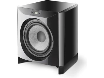 Caisson de grave Focal Electra SW 1000 Be2 noir laqué, vue de face, haut-parleur circulaire central, façade noire brillante