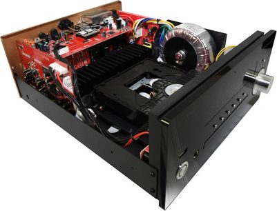 Sistema audio hi-fi "tutto in uno" Advance Paris MyConnect 60 nero, vista interna frontale, componenti elettronici rossi e neri
