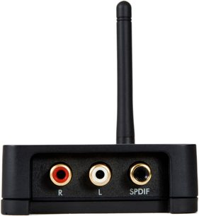 Arcam RBLINK sort DAC-konverter, frontvisning, 3 forgyldte RCA-stik (R, L, SPDIF), lodret sort antenne