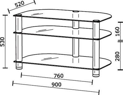 TV-møbel med 3 hylder i transparent glas, aluminiumsramme, 900 x 520 x 280 mm, teknisk tegning med mål